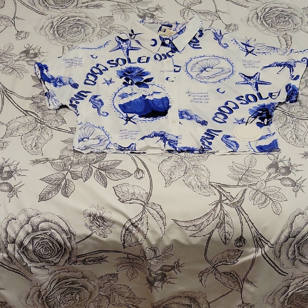 Blue and White Graphic Crop Top